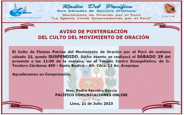 Aviso de Postergación del Culto